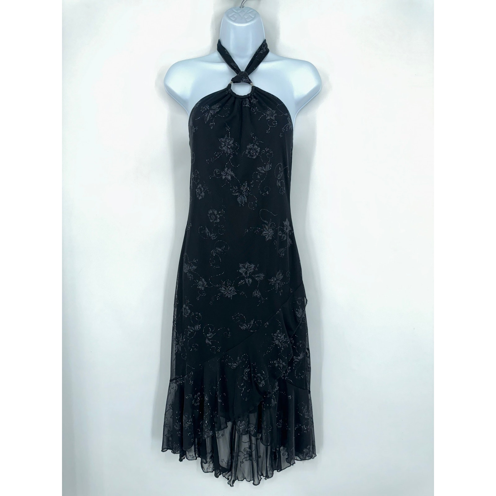 Vintage 90s Y2k Glitter Floral Prom Dress Halter Ruffle Hi-Low Sparkle Black